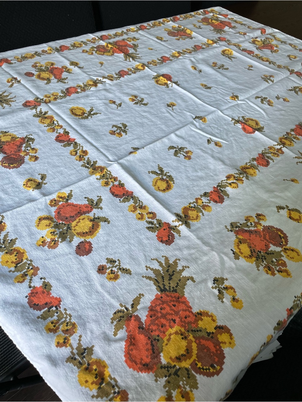 Vintage White Tablecloth with Yellow and Orange Fruit Motif 49x59